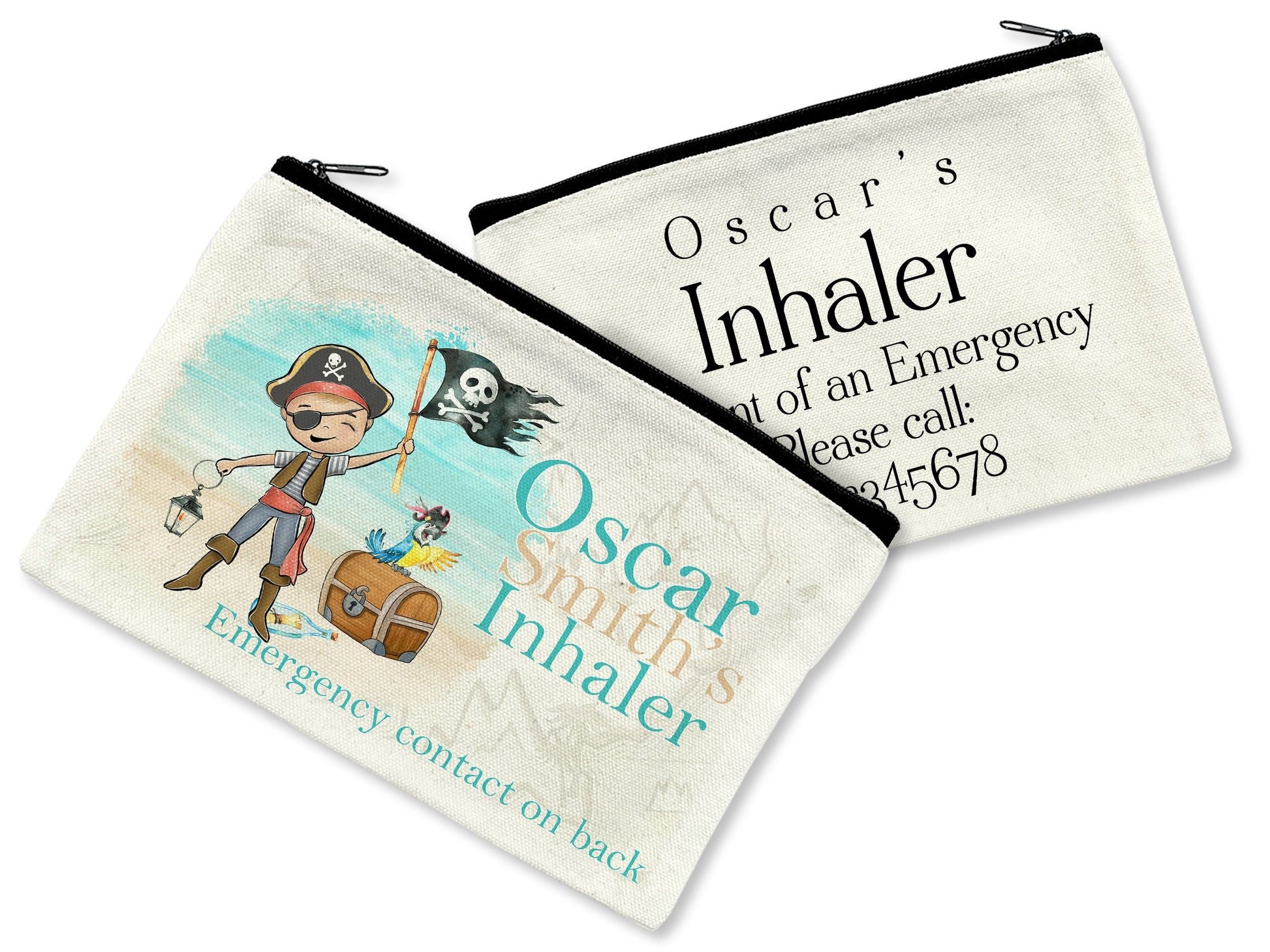 Cream Linen pouch with black zipper with a masculine pirate wearing a pirate hat with flag standing on the beach with chest and parrot. Text reads Name's inhaler. Back of pouch shows Name's Inhaler In case of Emergency please call Number