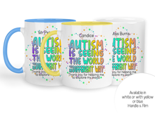 Load image into Gallery viewer, Available in yellow or blue handle and rim or plain white ceramic mugs
