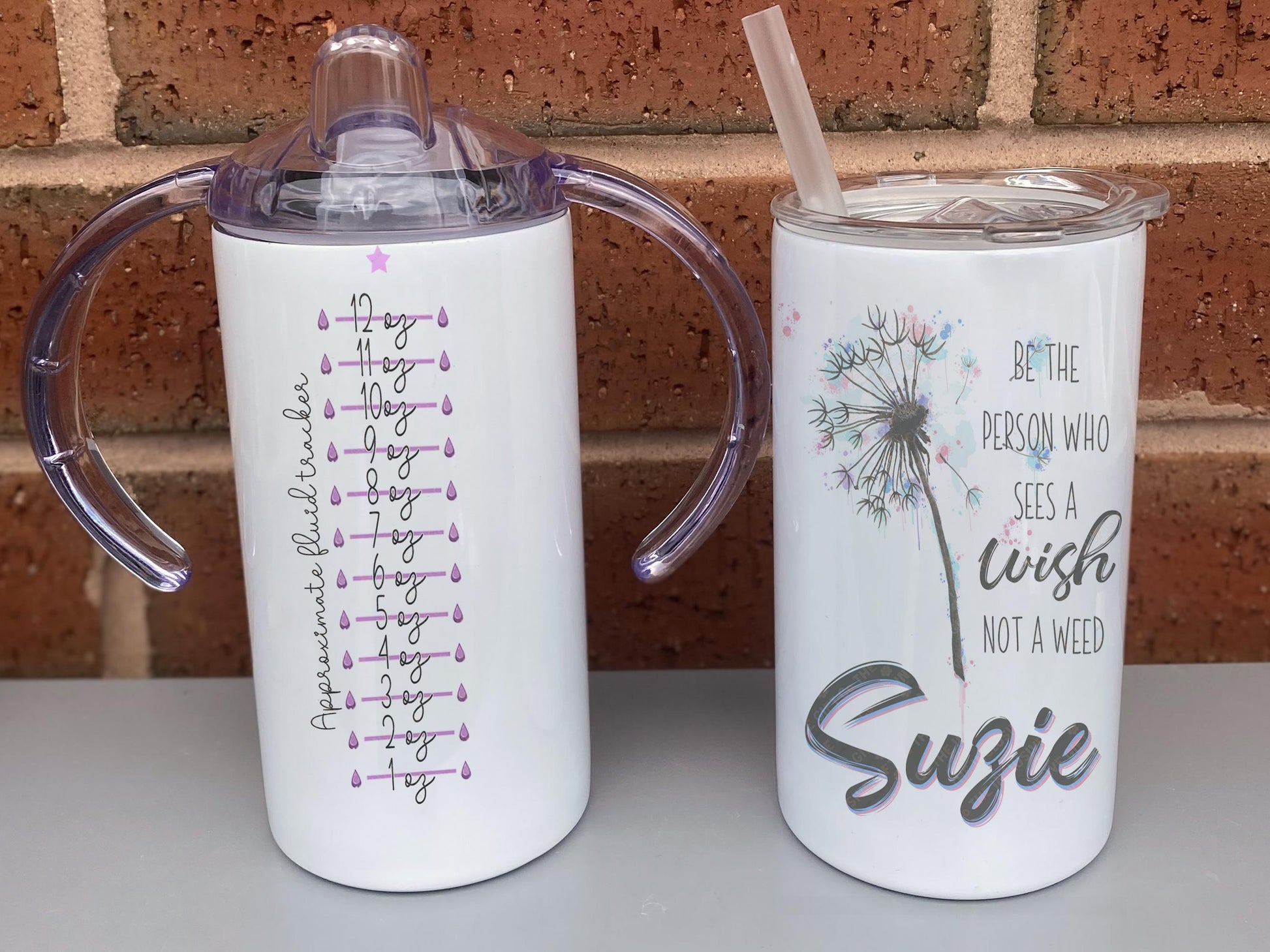 Two mugs in one: a two handled cup with spout or a tumbler style cup with straw. Printed with Approximate fluid filter on the back to give a rough idea of how much is being drank