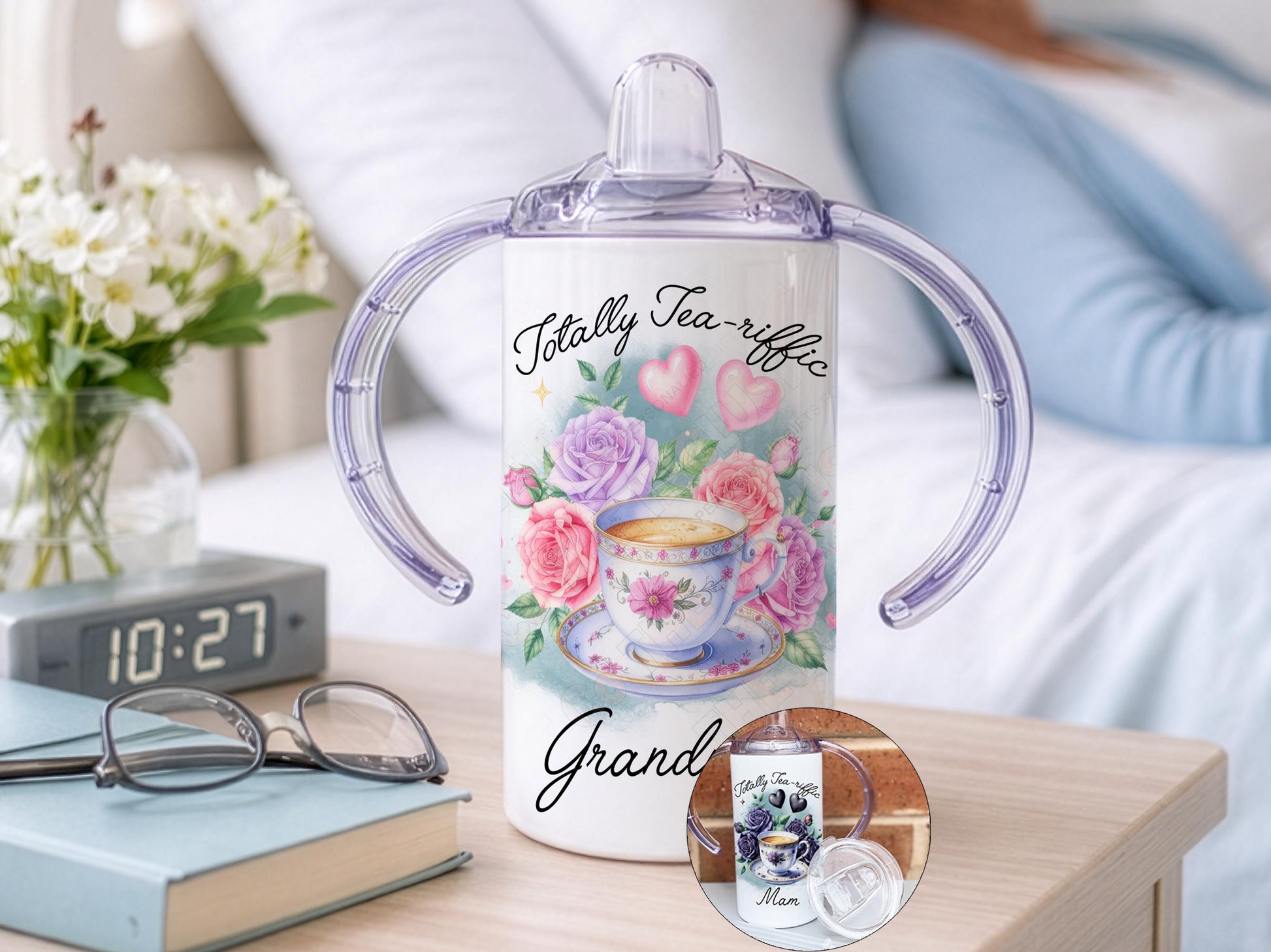 12oz insulated Stainless Sippy cup with spout for adults with disabilities. Printed with a Pink Roses & Teacup design, the text 'Totally Tea-riffic' arches around the top of the design and any name under the design.