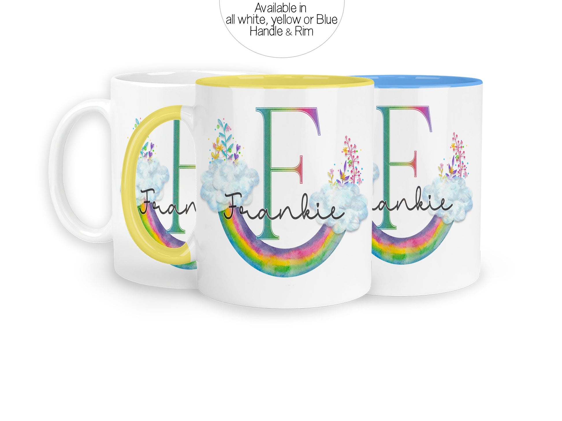 Available in an all white mug or a white mug with yellow or blue rim and handle.