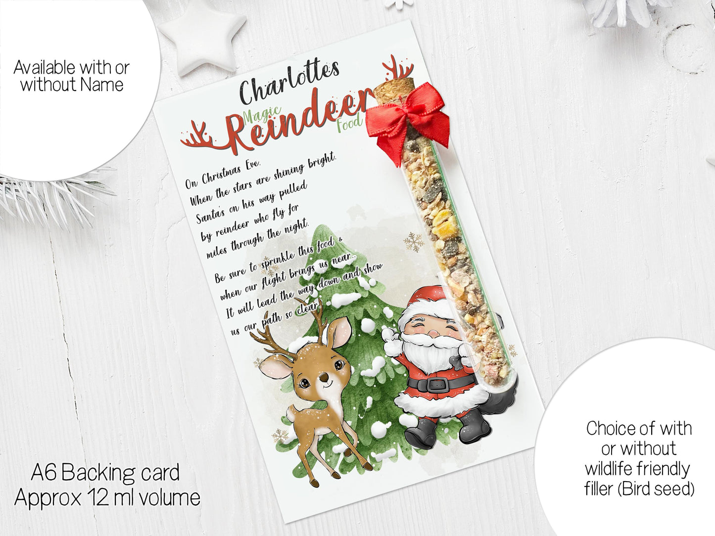 Image shows Filled tube of wildlife friendly bird food topped by a cork and red bow.  Personalised with the name Charlotte. Other text around the image reads Available with or without name. Choice of with or without wildlife friendly filler (Bird seed). A6 backing card approximate 12 ml volume.