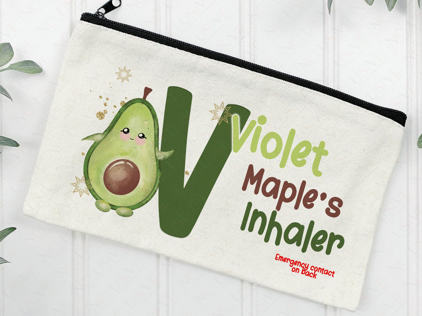 Cream Linen pouch with black zipper with my fun & Funky dancing Advocado with cute face & alphabet initial with name