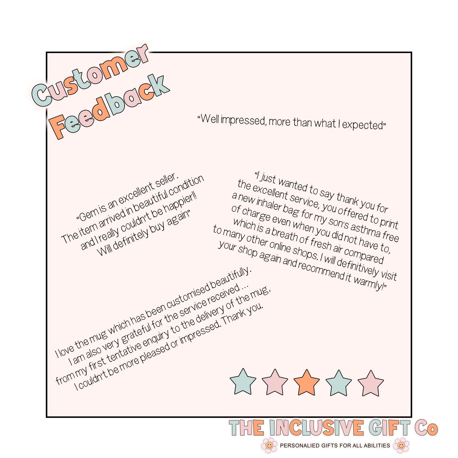 A selection of customer feedback which can be found at the bottom of each listing and the main shop. I have an average rating of 5 Stars and consistently carry a star seller badge.