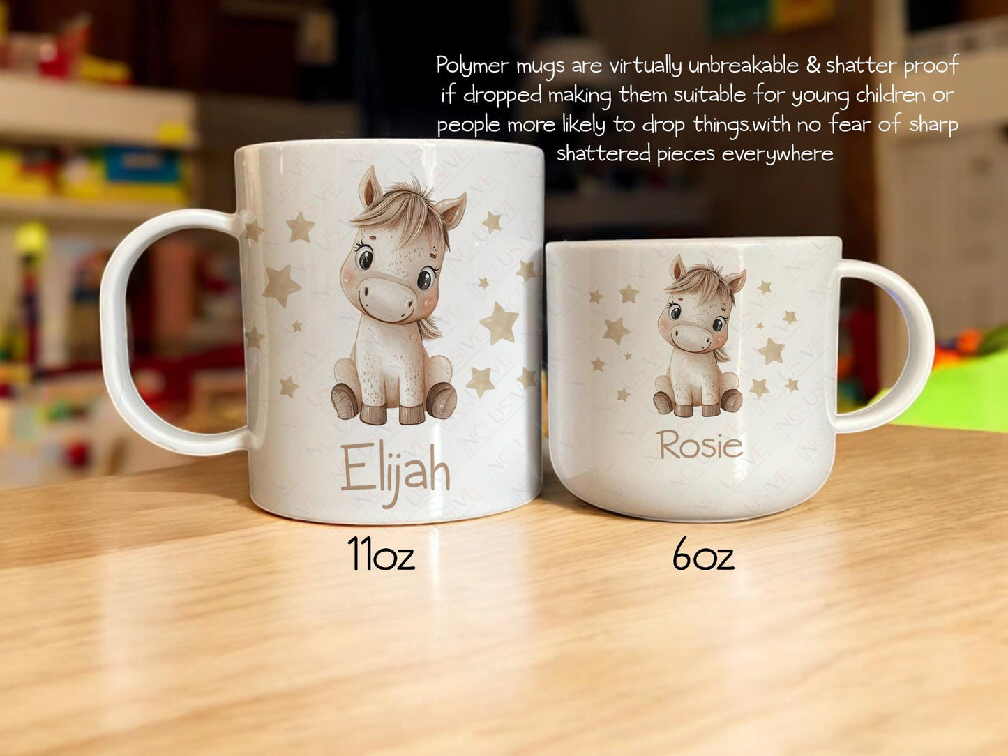 Polymer mugs are virtually unbreakable & shatter proof if dropped making them suitable for young children or people more likely to drop things with no fear of sharp shattered pieces everywhere. 11oz is about the size of a standard adult mug and the smaller 6 oz is the perfect teacup size for smaller kids or those who dont drink as much.