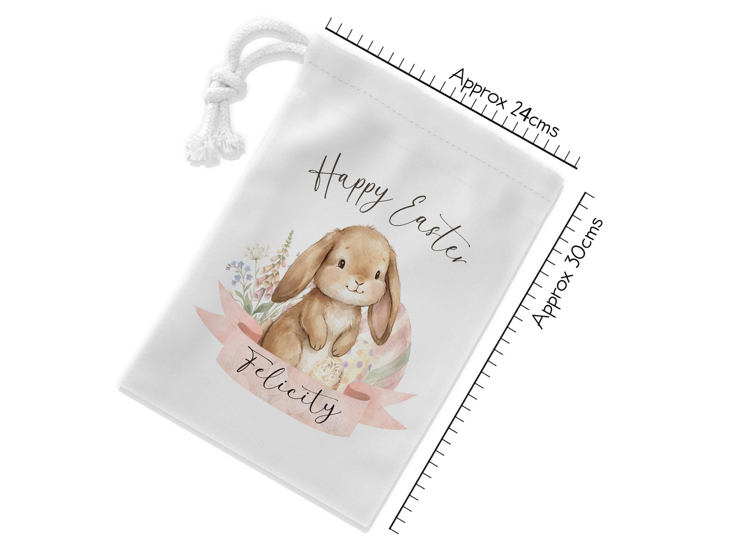 Size guide showing the measurements of my Personalized Easter bag. Approx 24cm wide by 30cm long