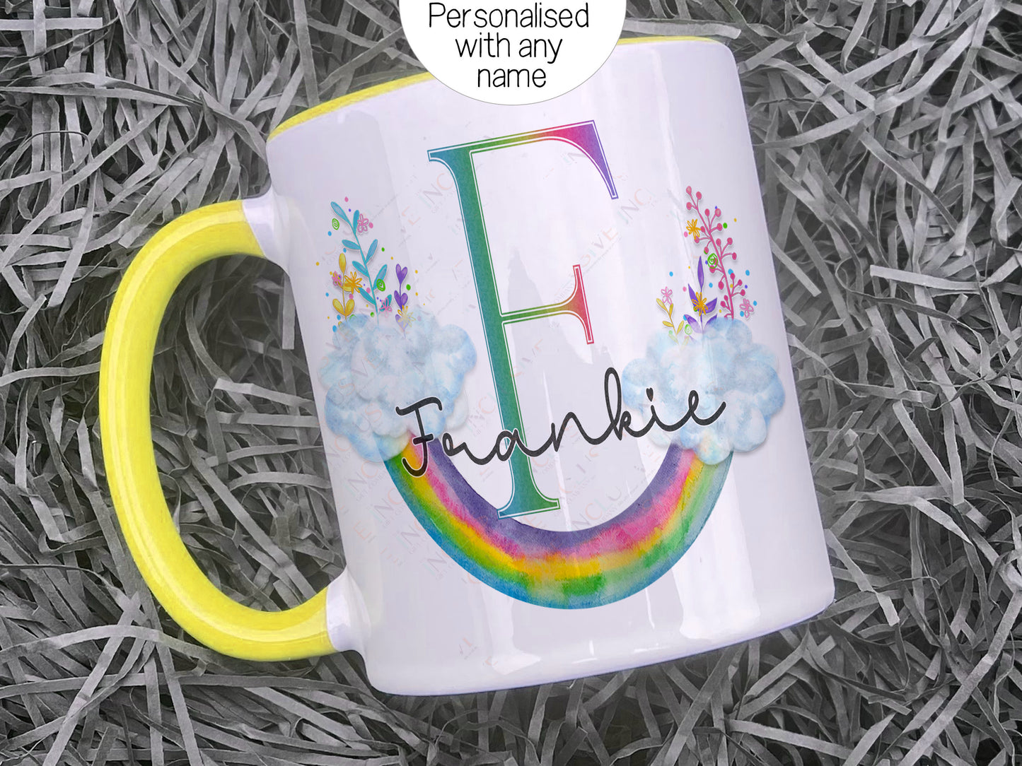 White  with yellow rim and handle ceramic mug with floral Upside down floral watercolour rainbow and matching initial and name. 

Personalised with any name. Initial in rainbow and name in black