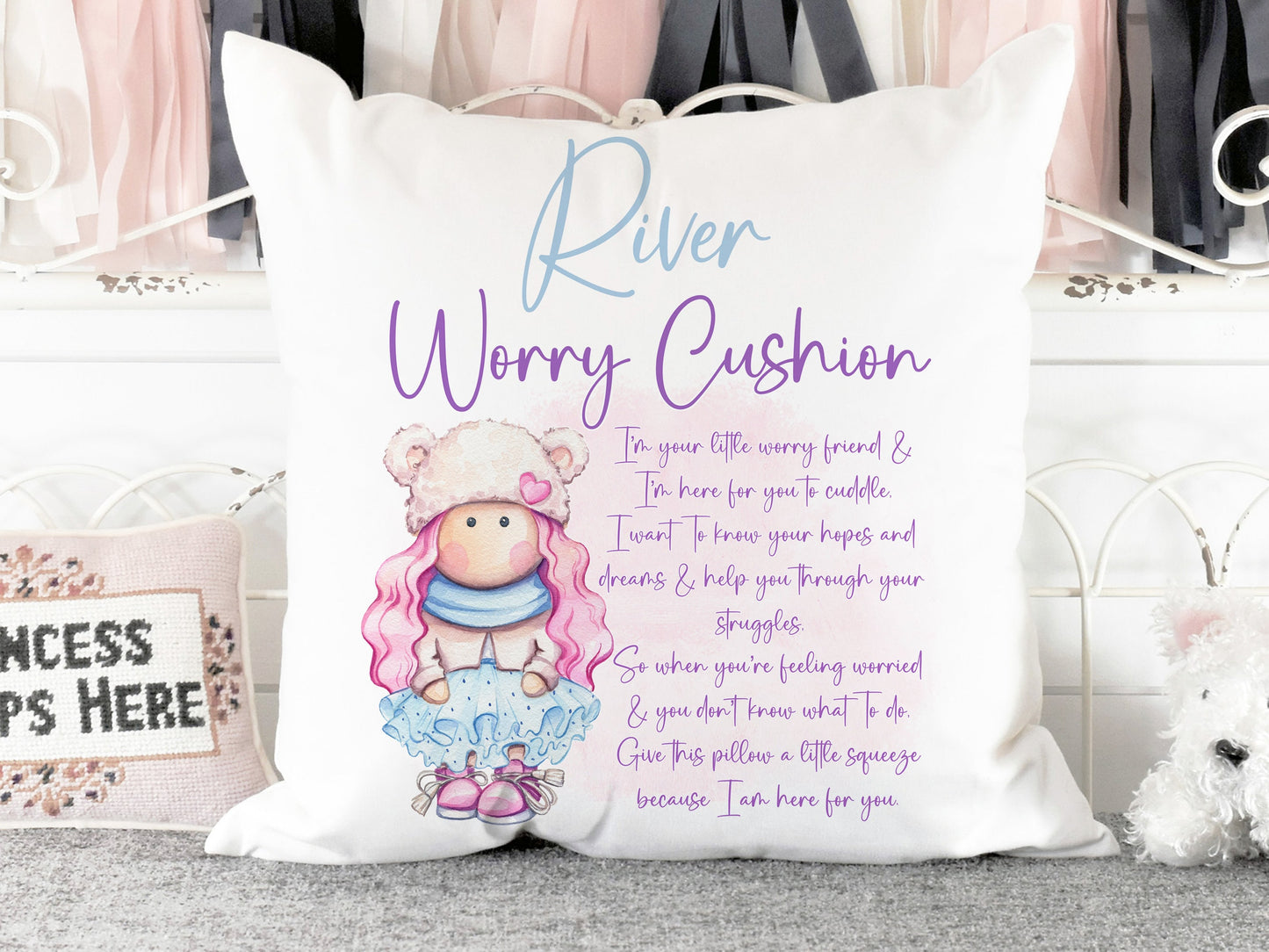 Minky fabric cushion with cute character and worry poem personalised with any name.
