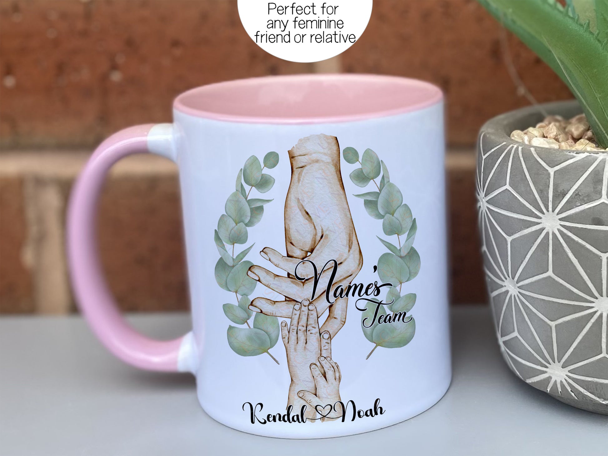 Ceramic mug with pastel pink handle and rim. Option to add anyones name perfecr for any feminine friend or relative