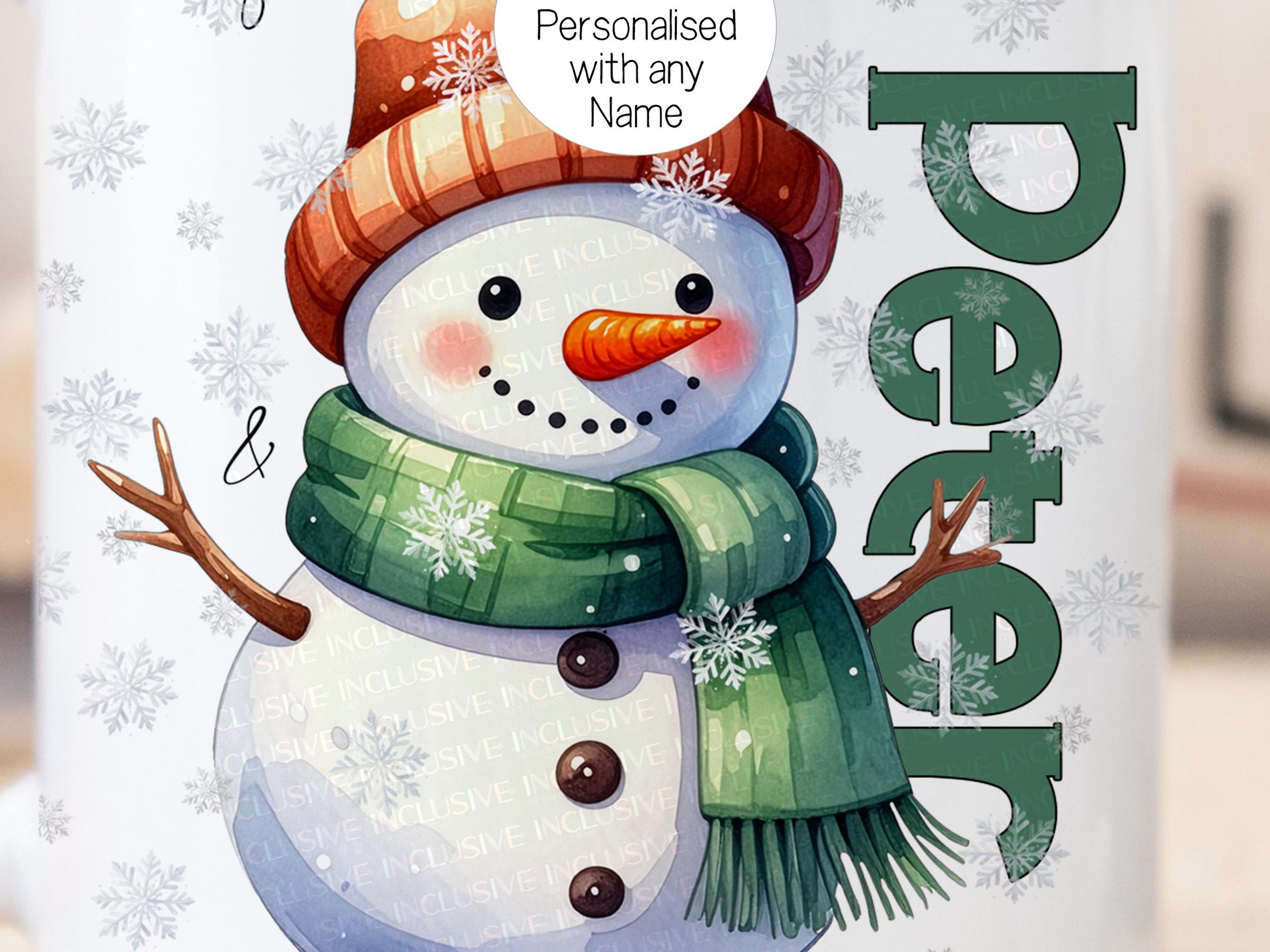 Personalized snowman mug with name, orange hat, green scarf, and snowflakes. Perfect Christmas gift or hot chocolate mug.