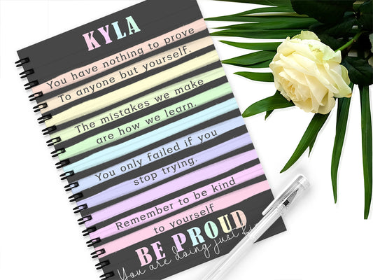 A5 black and pastel rainbow striped notebook with positive affirmations and any name added.