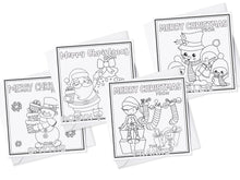 Load image into Gallery viewer, Colour your own White 5x5 inch sq card with black and white line drawing of Cute festive Snowman family Two adult &amp; two small snowkids. Wordings reads Merry Christmas from Name)
