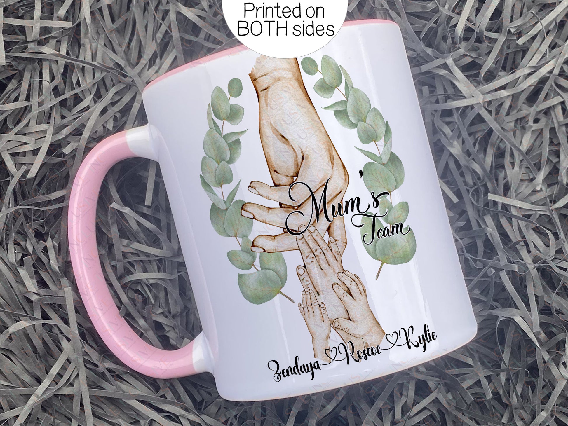 Ceramic mug with pastel pink handle and rim. Printed on both sides