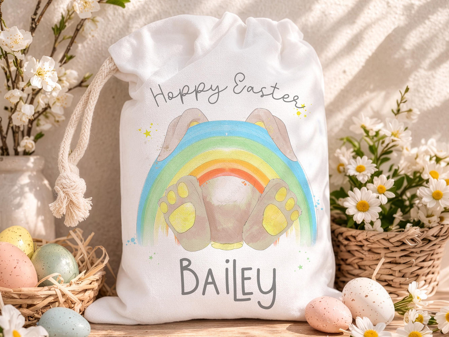 Personalised Easter Bunny bag: Egg hunt basket ideas, Rainbow Custom Drawstring sack with name