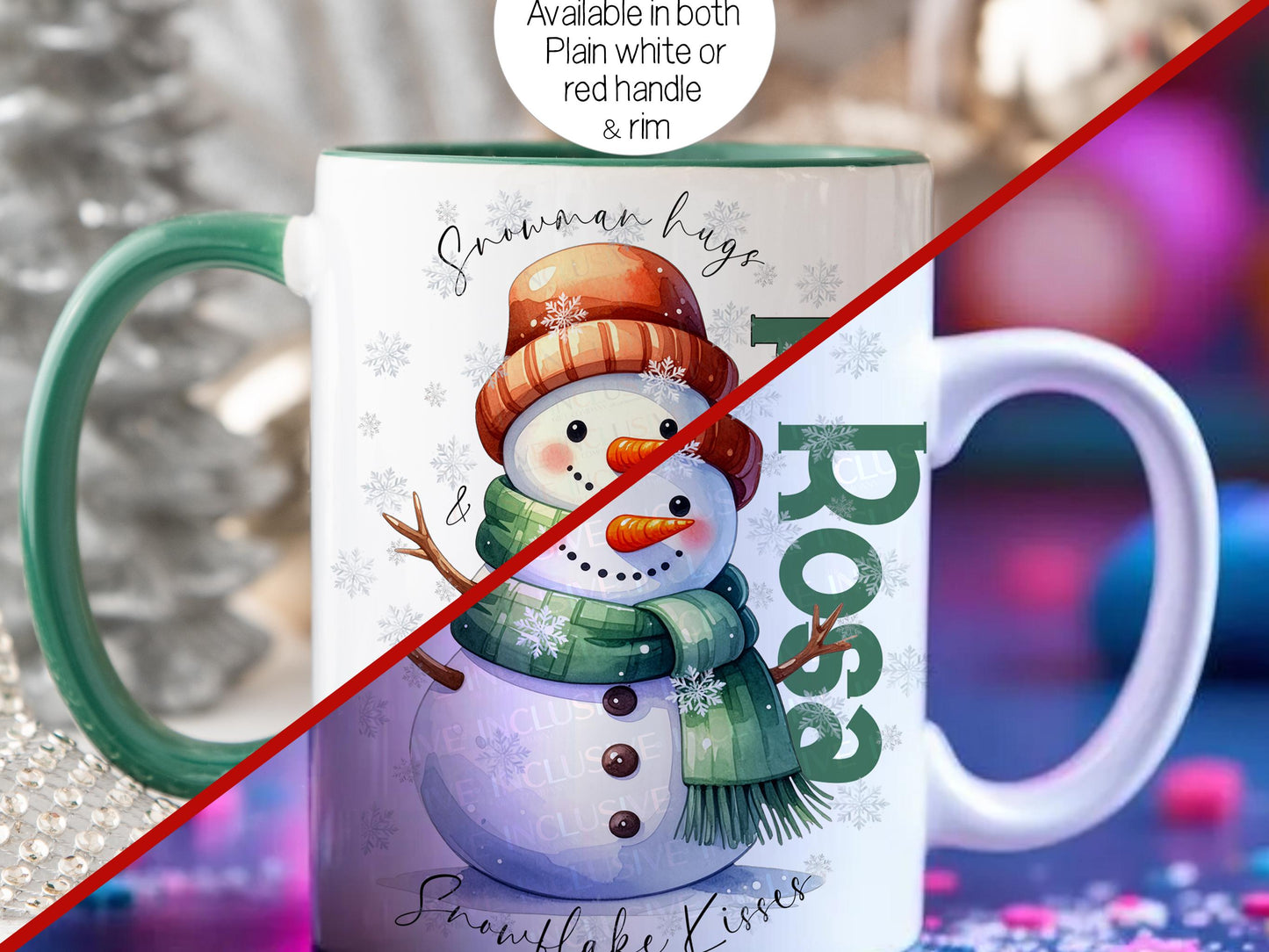 Personalized Christmas snowman mug featuring a cute snowman with orange hat, green scarf, and snowflakes, with the phrase “Snowman Hugs & Snowflake Kisses.” Available in an all white mug or with a festive green handle and rim. Cozy winter hot chocolate cup or Christmas eve box filler gift.
