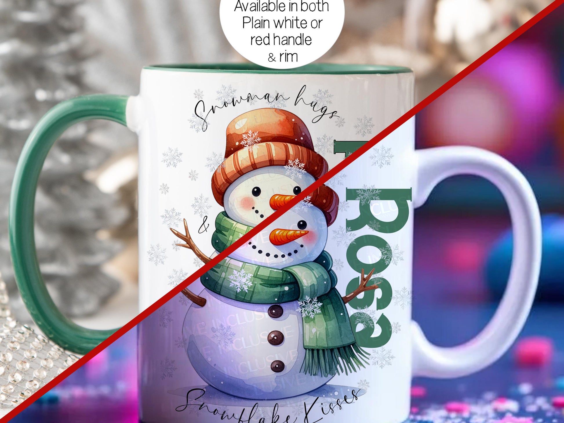 Personalized Christmas snowman mug featuring a cute snowman with orange hat, green scarf, and snowflakes, with the phrase “Snowman Hugs & Snowflake Kisses.” Available in an all white mug or with a festive green handle and rim. Cozy winter hot chocolate cup or Christmas eve box filler gift.