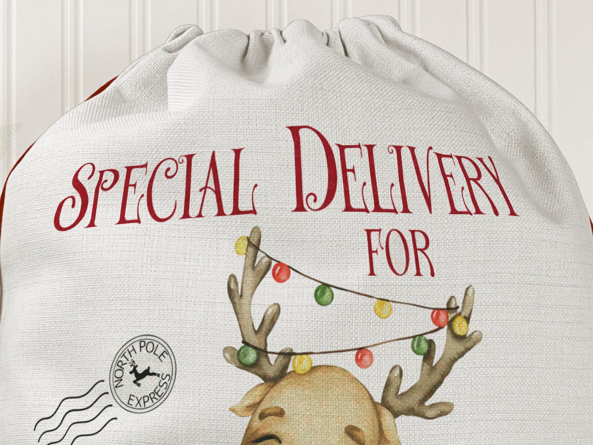 Top section of the design featuring the red text "Special Delivery For" above the reindeer's head. A Red drawstring pulls the bag closed allowing for easy access whatever the age.