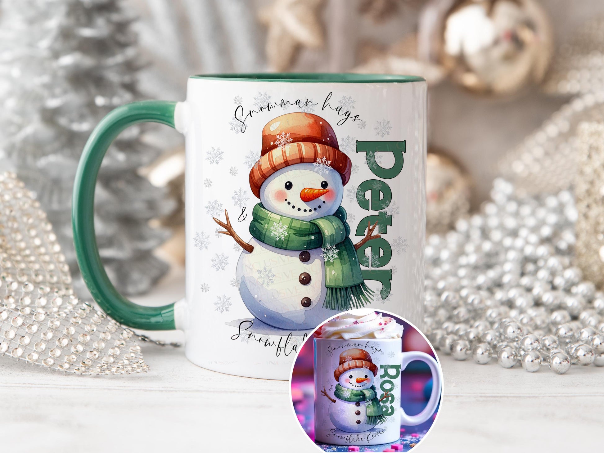 Personalized Christmas snowman mug with name, orange hat, green scarf, and snowflakes. Green handle and rim or all white mug. Perfect hot chocolate mug or Christmas Eve box filler, a cozy winter gift for kids or adults.