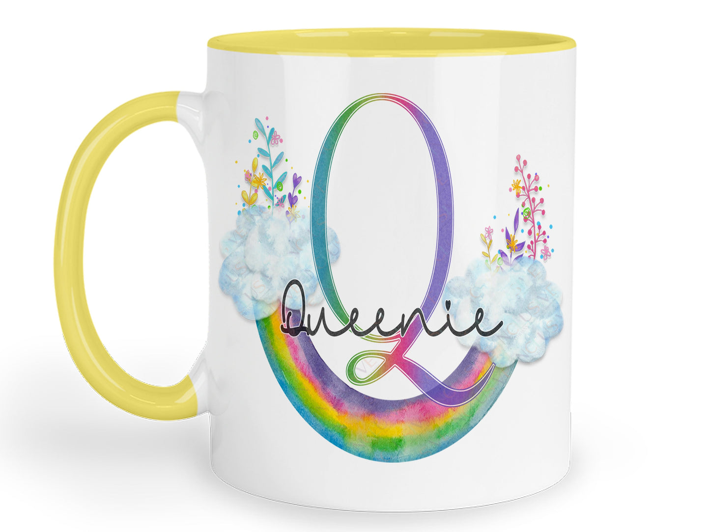 White with yellow handle and rim ceramic mug with floral Upside down floral watercolour rainbow and matching initial and name.