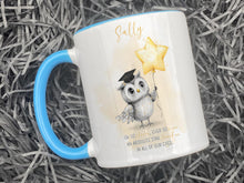 Load image into Gallery viewer, A white mug with blue rim and handle. An adorable owl with a teacher cap holding a gold balloon design and Grey and gold verse is printed directly on the mug so will not fade. Available with or without personalisation.
Verse reads 
Name. 
Oh so clever, ever so wise 
an absolute star teacher
in all of our eyes.
