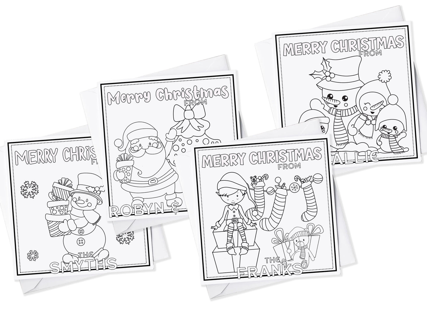 Colour your own White 5x5 inch sq card with black and white line drawing of Cute festive Snowman family Two adult & two small snowkids. Wordings reads Merry Christmas from Name)