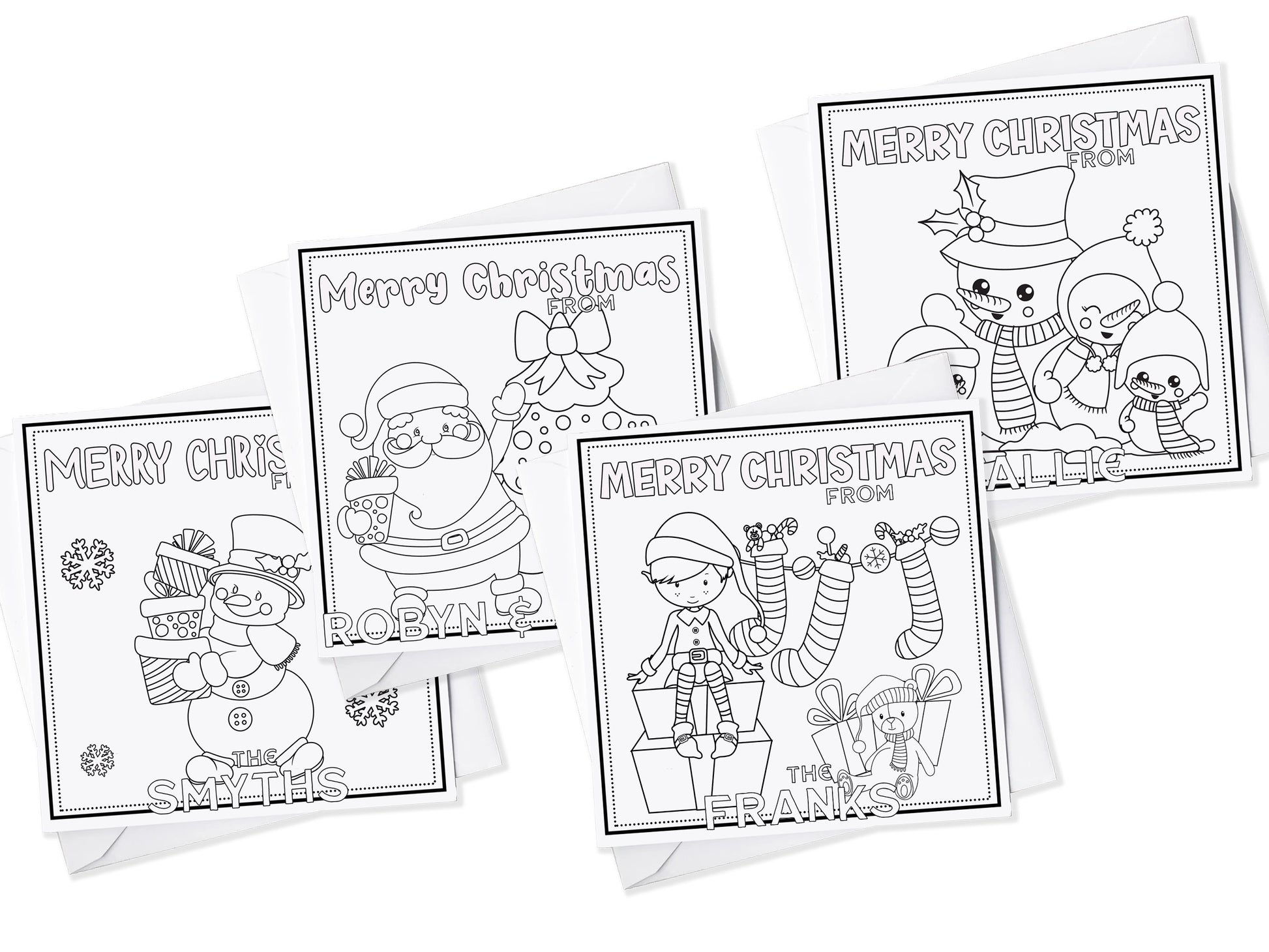 Colour your own White 5x5 inch sq card with black and white line drawing of Cute festive Snowman family Two adult & two small snowkids. Wordings reads Merry Christmas from Name)