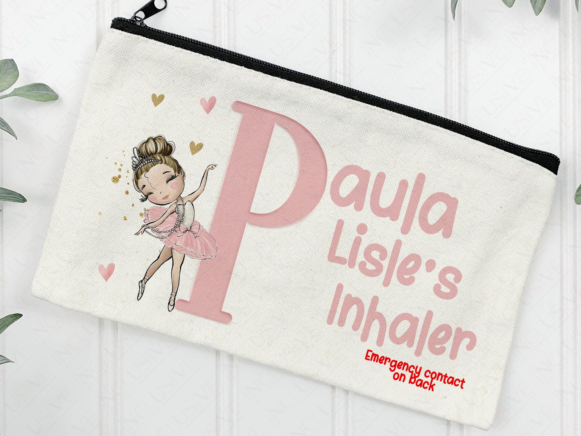Cream Linen pouch with black zipper with a pretty in Pink Ballerina and alphabet initial with name