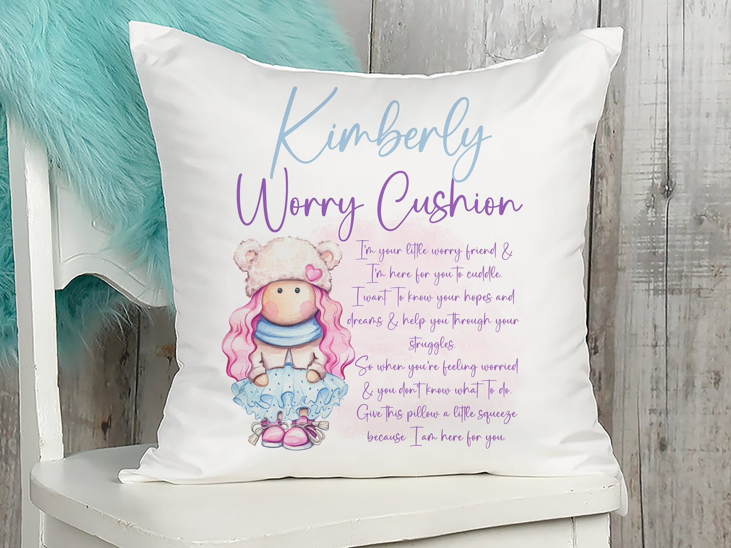 Minky fabric cushion with cute character and worry poem personalised with any name.