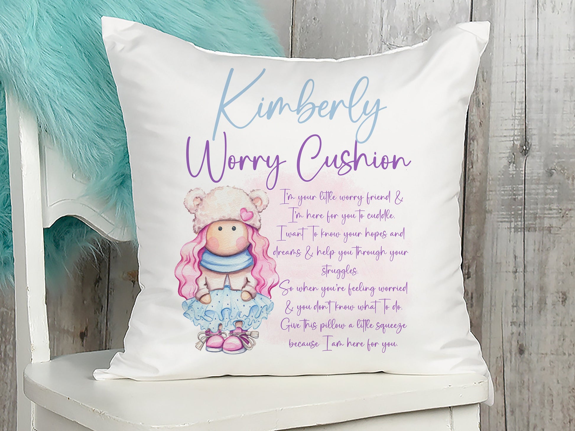 Minky fabric cushion with cute character and worry poem personalised with any name.