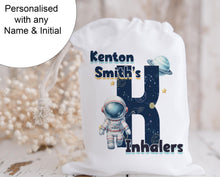 Load image into Gallery viewer, Personalised with any name

White drawstring bag. This image shows a Space theme letter and matching Text that says Names inhalers.

