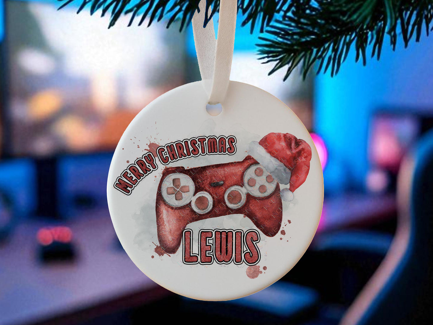 Personalised flat white ceramic Christmas bauble featuring a Christmas gamer themed design -  game console controller in a choice of 6 colours - Red, Blue, Gold, Purple with flowers, Teal with Flowers, Pink with flowers The words Merry Christmas and name or gamertag coloured to match the controller – a perfect stocking stuffer, Gaming room decoration or gift for dad