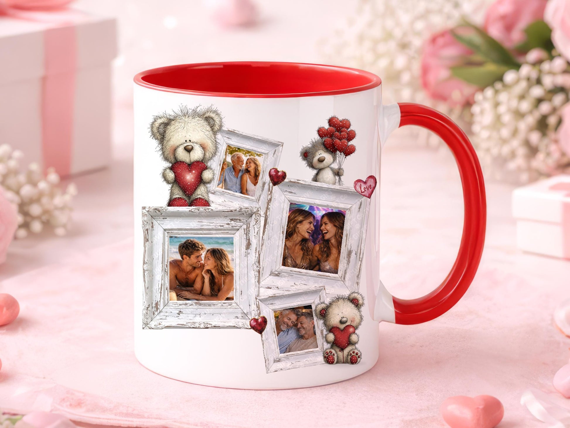 Personalised photo collage mug with choice of white with red handle and interior or all white mug, featuring your favorite photos in rustic frames, teddy bears with hearts, and Valentine’s Day themed design, custom coffee cup gift for couples, husband, wife, boyfriend, or girlfriend.