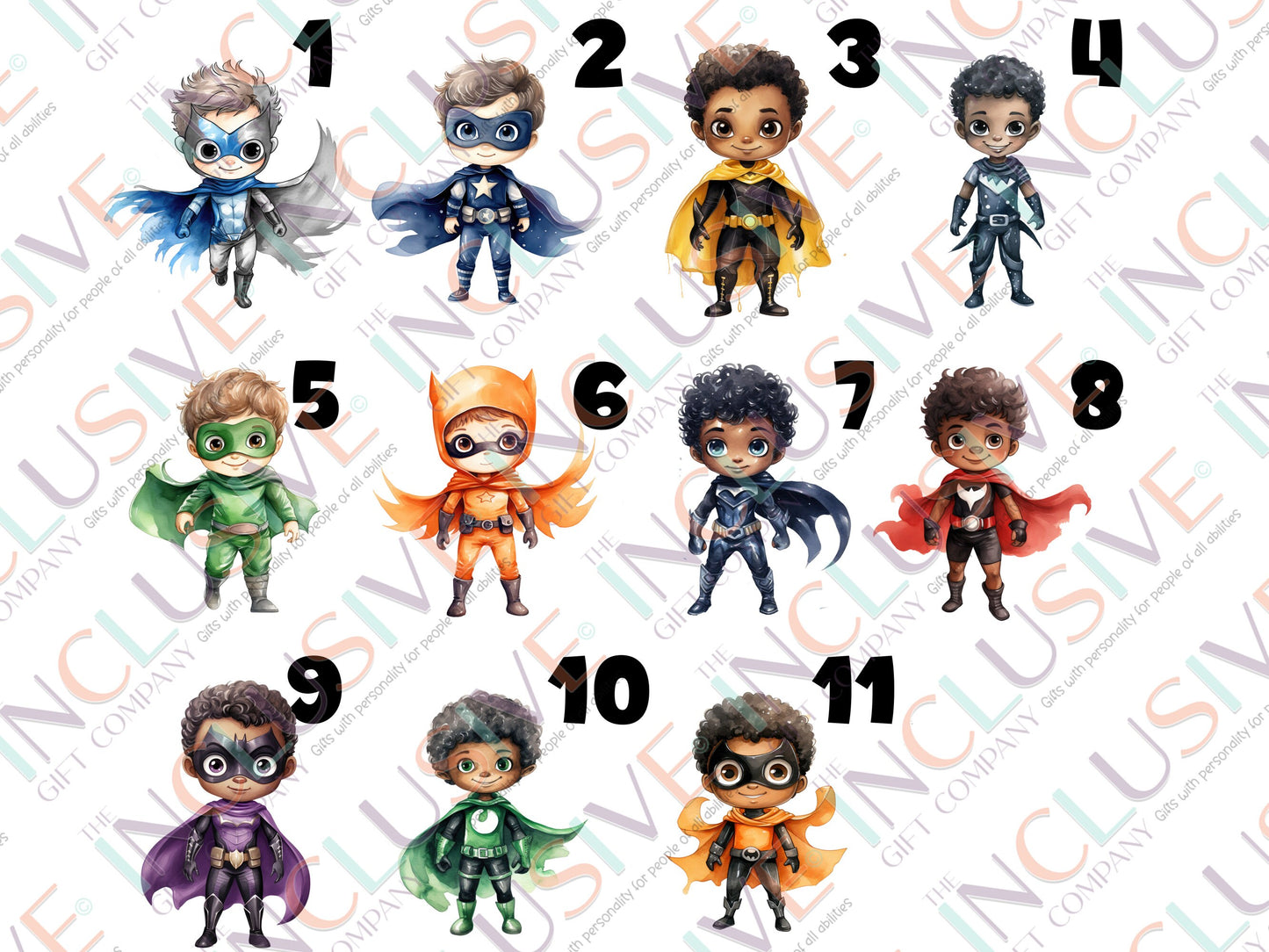 Choice of 11 masculine characters all wearing superhero suits