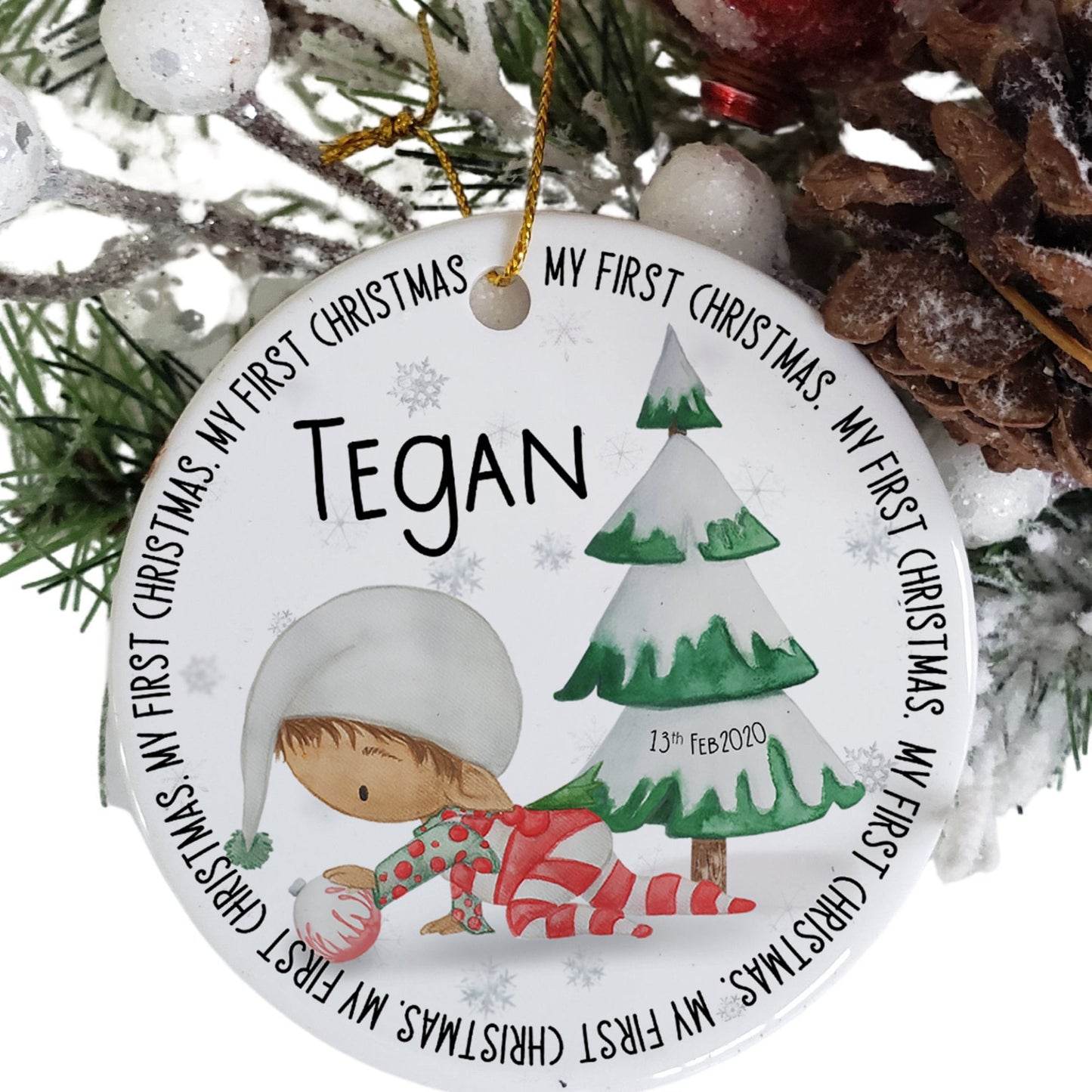 Baby’s First Christmas Bauble: Personalized Elf Ceramic Ornament with Custom Name & Date
