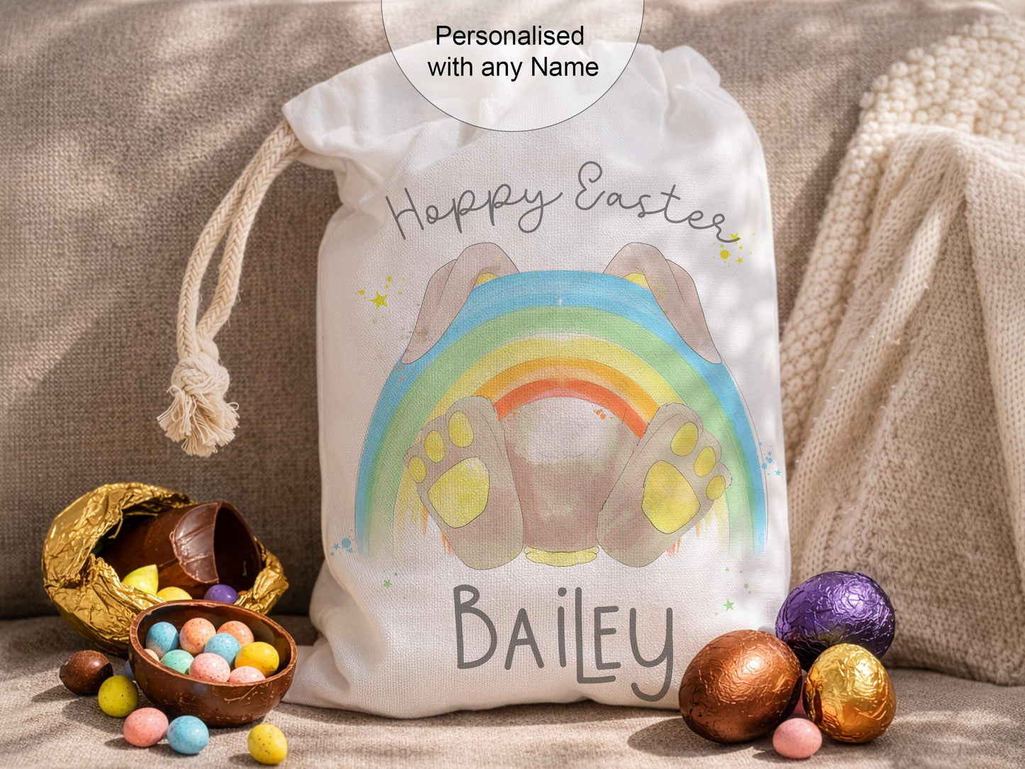 Personalised Easter Bunny bag: Egg hunt basket ideas, Rainbow Custom Drawstring sack with name
