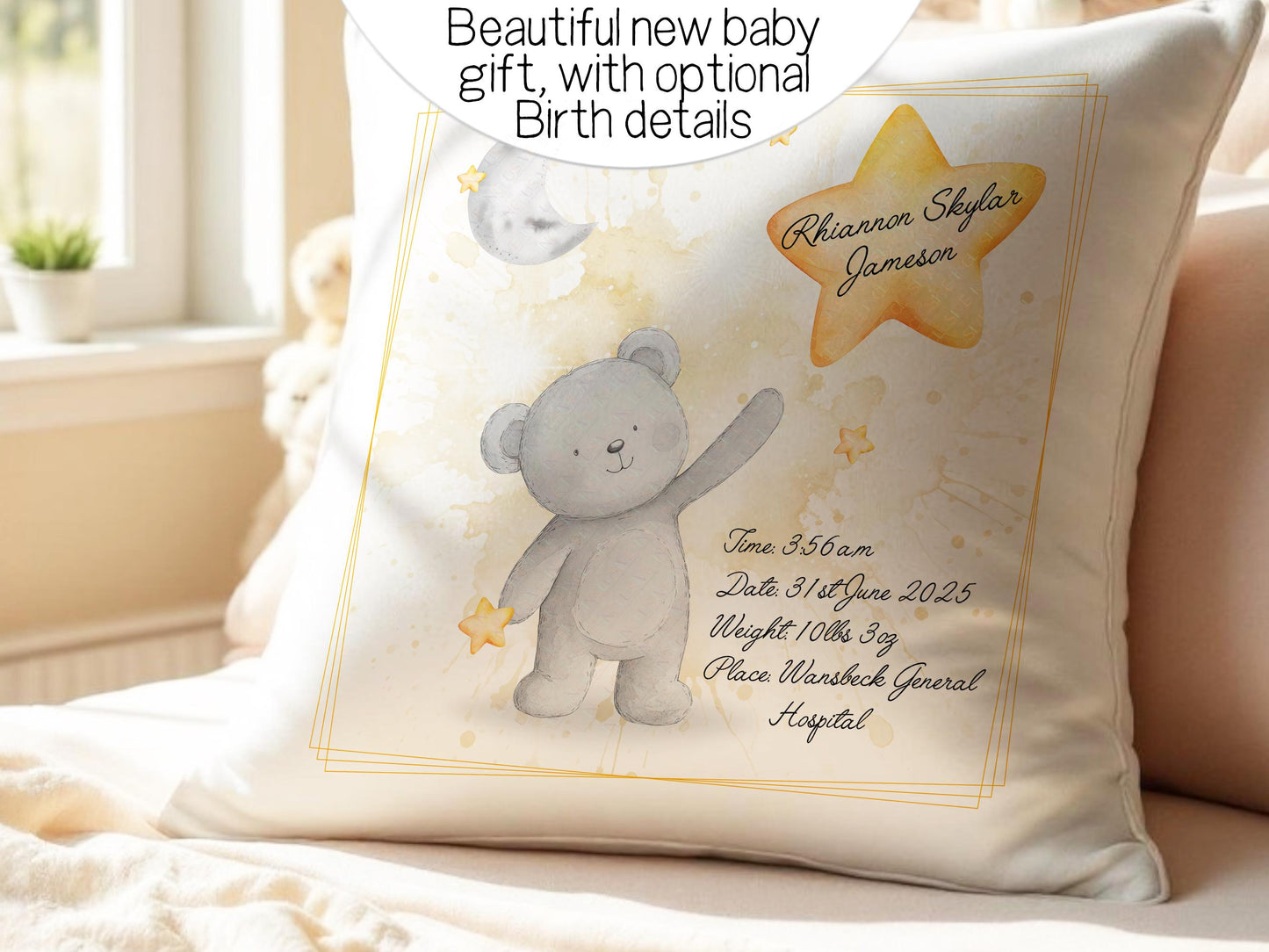 Beautiful new baby gift with optional birth details

Birth details are printed in a black scripted font, in the lower right corner and include. Date, Time, Weight and Place