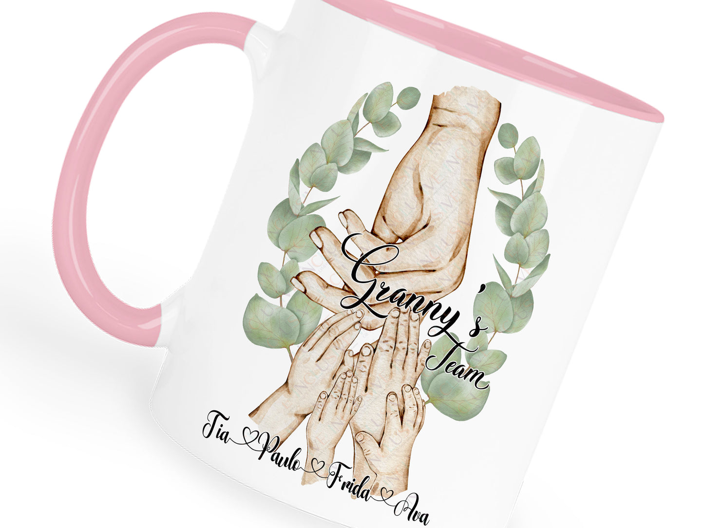 Ceramic mug with pastel pink handle and rim. Printed with watercolour style artwork of adult female hand and 4 childrens hands