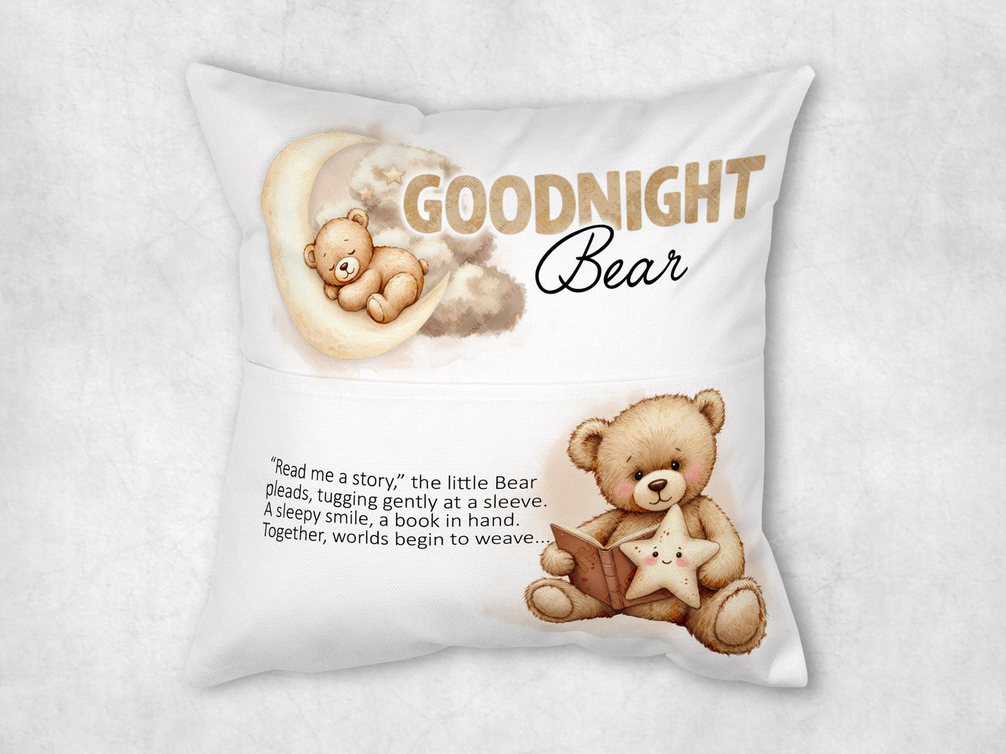 If no personalisation is left the cushion will read 'Good Night Bear' instead of 'Goodnight Name'