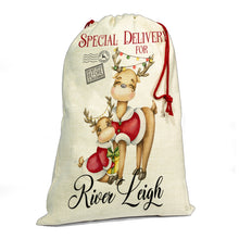 Load image into Gallery viewer, Personalised Christmas Reindeer Santa sack,  large toy sack , Christmas Eve Santa sack , Linen drawstring bag , babies 1st Christmas
