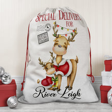 Load image into Gallery viewer, Personalised Christmas Reindeer Santa sack,  large toy sack , Christmas Eve Santa sack , Linen drawstring bag , babies 1st Christmas
