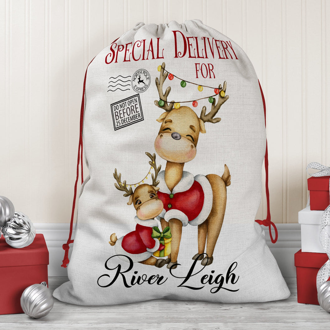 Personalised Christmas Reindeer Santa sack,  large toy sack , Christmas Eve Santa sack , Linen drawstring bag , babies 1st Christmas