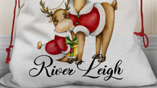 Load image into Gallery viewer, Personalised Christmas Reindeer Santa sack,  large toy sack , Christmas Eve Santa sack , Linen drawstring bag , babies 1st Christmas
