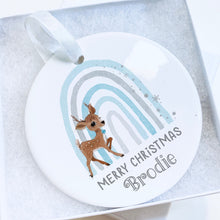 Load image into Gallery viewer, Personalised reindeer decoration, Christmas tree bauble, Christmas decoration gift for kids choice of blue or pink
