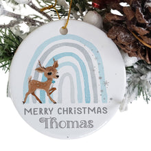 Load image into Gallery viewer, Personalised reindeer decoration, Christmas tree bauble, Christmas decoration gift for kids choice of blue or pink
