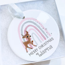 Load image into Gallery viewer, Personalised reindeer decoration, Christmas tree bauble, Christmas decoration gift for kids choice of blue or pink
