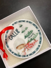 Load image into Gallery viewer, Personalised bauble, baby first christmas tree elf bauble, My 1st Baby keepsake , born in 2021 ceramic decoration
