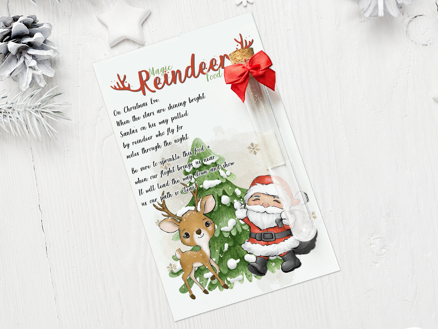 On Christmas Eve
When the stars are shining bright
Santa’s on his way pulled 
by reindeer who fly for 
miles through the night
Be sure to sprinkle this food & 
when our flight brings us near
It will lead the way down and show
us our path so clear
