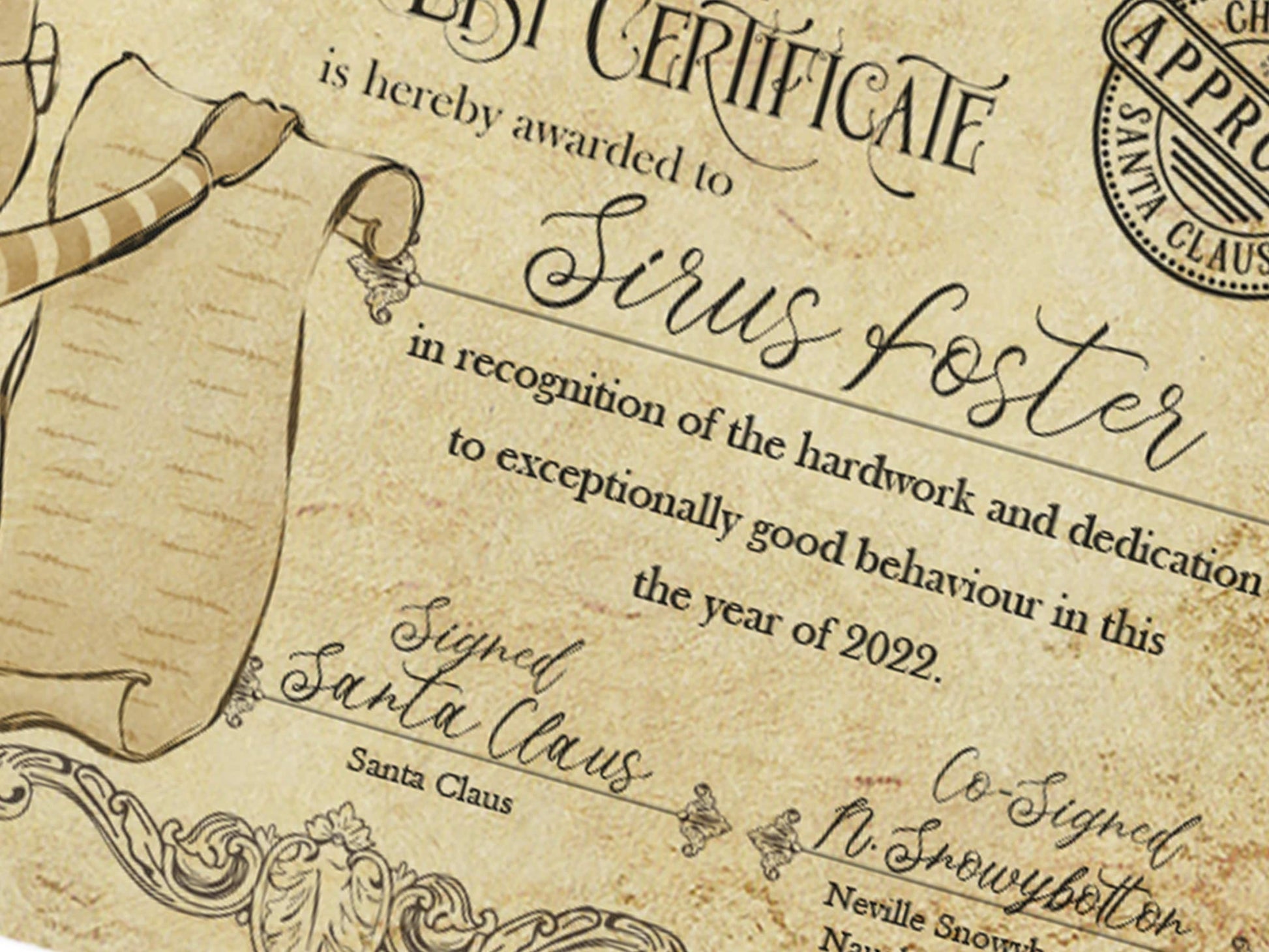 Nice list certificate printed on aged A4 pale brown paper with darker age spots. Printed with an elf holding Santas Nice list A circle checked 2x and approved stamp in the top corner.


Space for Name & Signed by the big man himself.
