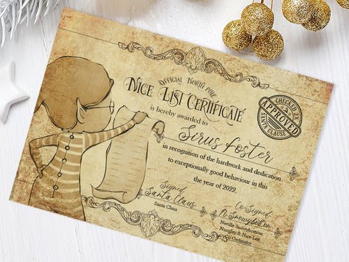 Nice list certificate printed on aged A4 pale Vintage style brown paper with darkened age spots. Printed with an elf holding Santas Nice list A circle checked 2x and approved stamp in the top corner. Space for Name & Signed by the big man himself.