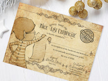 Load image into Gallery viewer, Nice list certificate printed on aged A4 pale brown paper with darker age spots. Printed with an elf holding Santas Nice list A circle checked 2x and approved stamp in the top corner.


Space for Name &amp; Signed by the big man himself.
